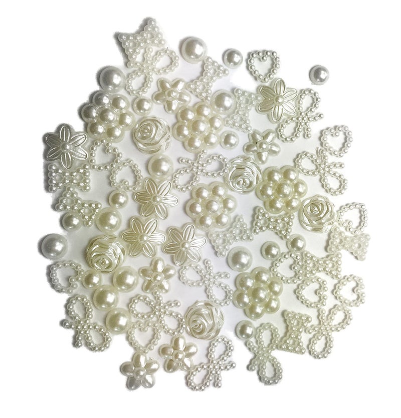 ALL in ONE 15gram Assorted Cream Hearts, Stars, Flowers, Bows, Pearls Flat Back Cabochon (Pearl-15 Gram) - Image 1